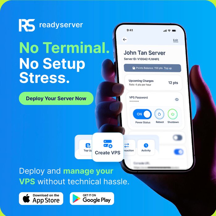 ReadyServer ad — No terminal, no setup stress