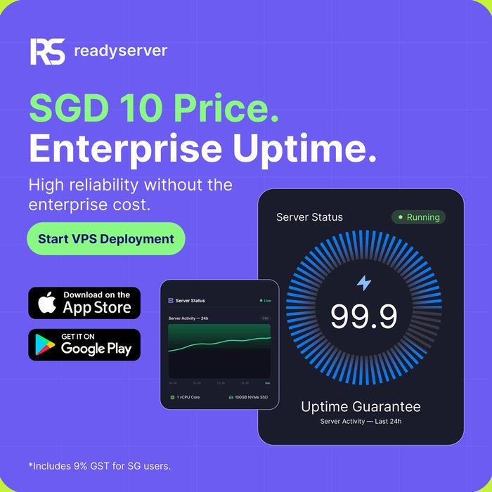 ReadyServer ad — SGD 10 price, enterprise uptime